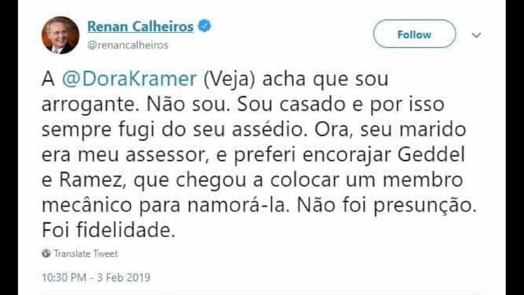Renan baixa o nível acusa jornalista de assédio e expõe intimidades nas redes sociais 1 Reprodução/Twitter