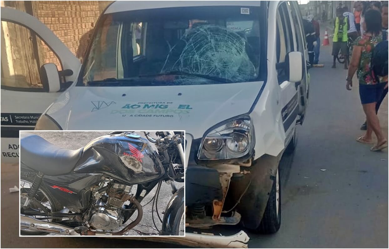 Acidente entre moto e veículo da prefeitura deixa dois feridos em São Miguel dos Campos