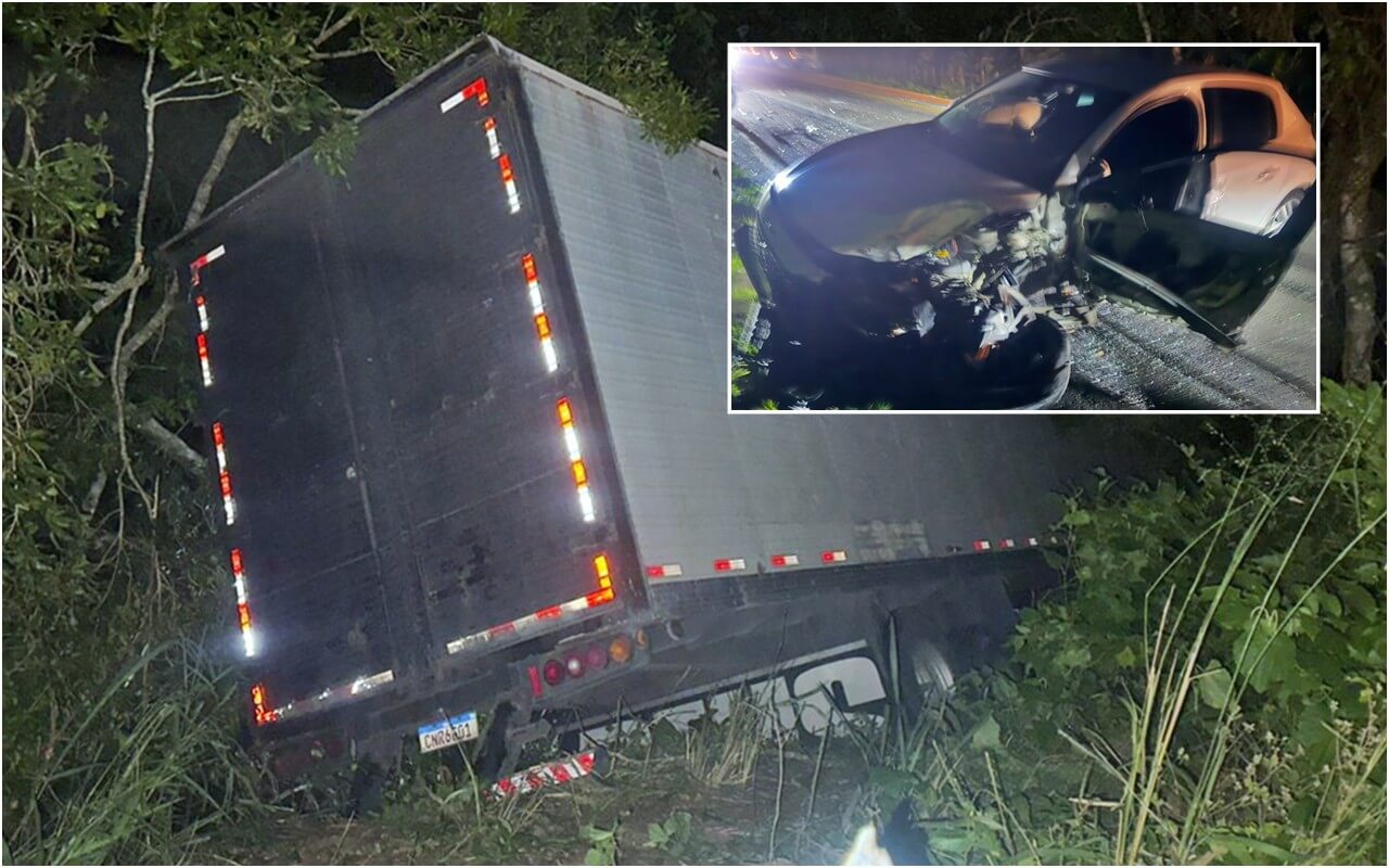 Acidente entre carro e caminhão baú deixa veículos destruídos na BR-316